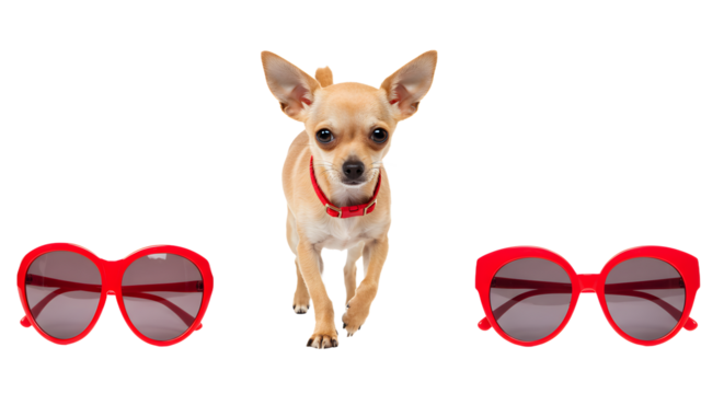 Chihuahua dog with red collar standing between two red sunglasses, isolated on white background, perfect for pet or fashion-related projects
