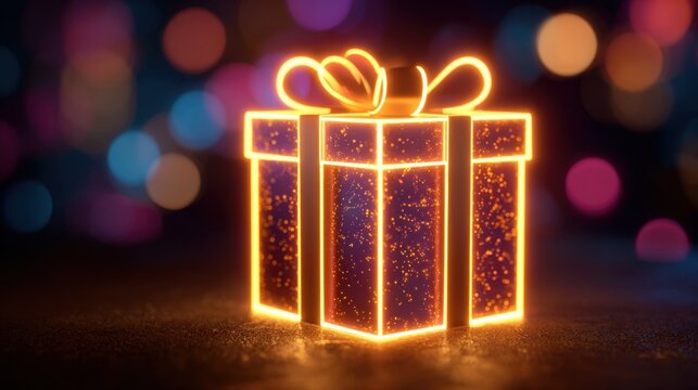 A beautifully illuminated gift box sits against a vibrant colorful backdrop that evokes a sense of happiness.