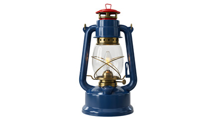 Blue vintage kerosene lantern with brass details and red top isolated on white background, perfect for camping and outdoor adventures