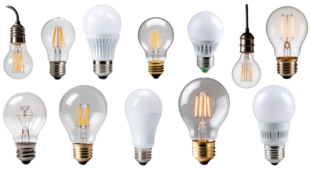 Collection of various led light bulbs and filament lamps