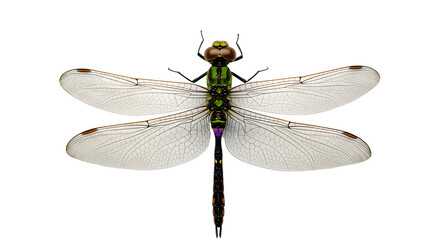Close-up of a dragonfly with transparent wings isolated on white background, detailed insect photography perfect for educational materials