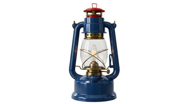 Blue vintage kerosene lantern with brass details and red top isolated on white background, perfect for camping and outdoor adventures