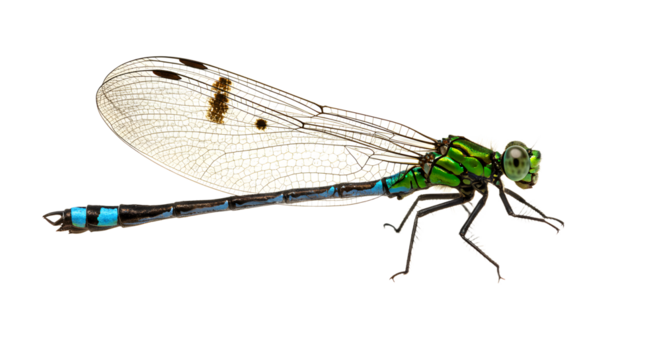 Close-up of a colorful dragonfly with transparent wings isolated on white background, perfect for nature and wildlife projects