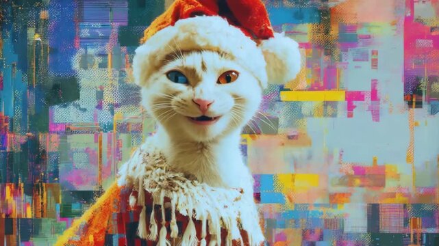 Dual-eyed cat in festive santa hat against vibrant abstract background