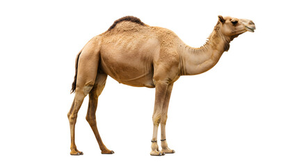 Profile of a standing camel isolated on white background, desert animal with distinct hump, perfect for wildlife and nature projects