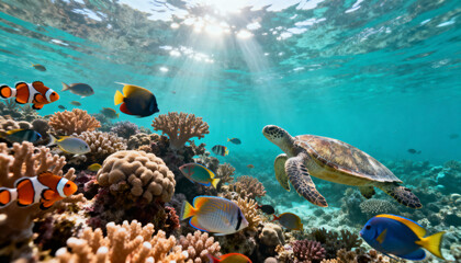 Vibrant Coral Reef Teeming with Colorful Marine Life in Clear Turquoise Water – Wallpaper