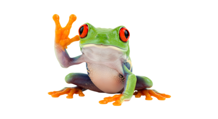 Close-up of a colorful red-eyed tree frog with vibrant green body and orange toes isolated on white background