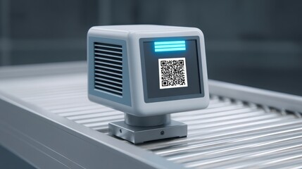 foodtech startup strategy High-tech scanner with a QR code on a conveyor belt in a modern environment.