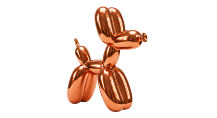 Shiny metallic balloon dog sculpture in rose gold isolated on black background, perfect for modern decor or party themes