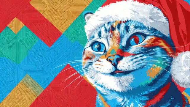 Colorful cat in santa hat on vibrant geometric background