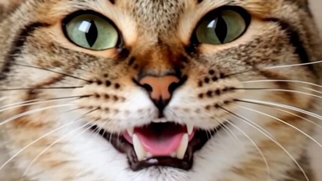 Close-up portrait of adorable tabby cat with striking green eyes and whiskers