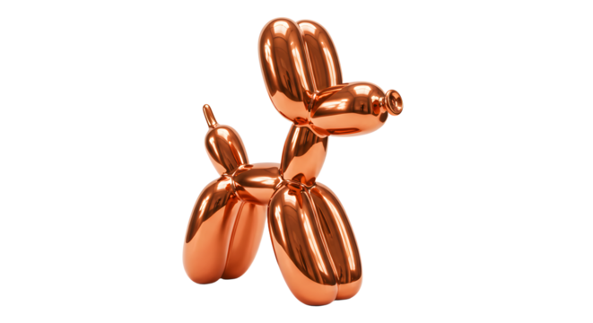 Shiny metallic balloon dog sculpture in rose gold isolated on black background, perfect for modern decor or party themes