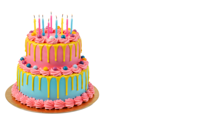 Colorful two-tier birthday cake with pink and blue frosting and lit candles on top, perfect for birthday parties and celebrations