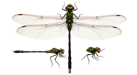 Detailed illustration of a dragonfly with wings spread and two additional views of the insect's body, perfect for educational and scientific purposes