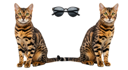 Two Bengal cats with striped fur and green eyes sitting with black sunglasses, isolated on white background, perfect for pet and animal content