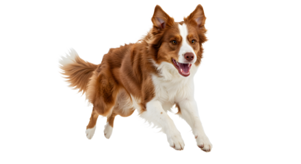Energetic brown and white Border Collie dog running isolated on white background, perfect for pet and animal content