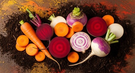 Assorted root vegetables on dark soil viewed from directly above