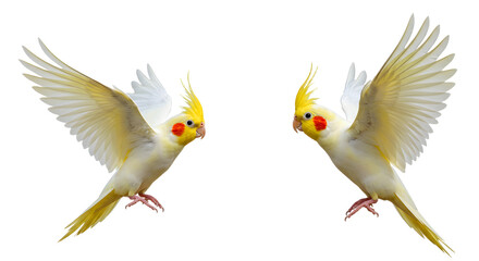 Obraz premium Two cockatiels flying facing each other with wings spread, yellow crested birds in motion isolated on black background, perfect for wildlife and pet projects