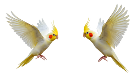 Two cockatiels flying facing each other with wings spread, yellow crested birds in motion isolated on black background, perfect for wildlife and pet projects