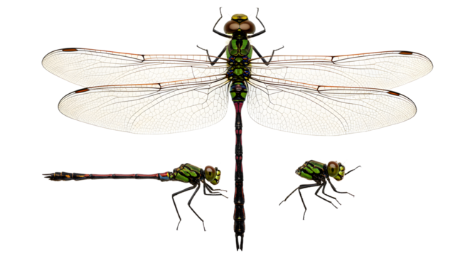 Detailed illustration of a dragonfly with wings spread and two additional views of the insect's body, perfect for educational and scientific purposes