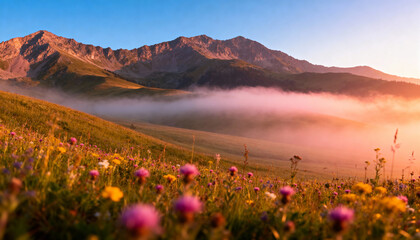 Serene Sunrise Mountain Landscape with Mist and Wildflowers – Wallpaper