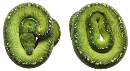 Two green snakes curled tightly in circular shapes on white background, isolated reptiles with yellow markings, perfect for wildlife and nature projects