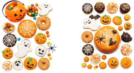 Halloween themed decorated cupcakes and cookies with pumpkins, ghosts, spiders, and candy, perfect for Halloween parties and festive celebrations