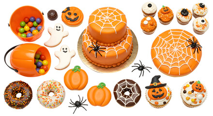 Halloween themed cake and cupcakes with spiderweb decorations, ghosts, pumpkins, and candy, perfect for spooky parties and festive celebrations