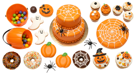 Halloween themed cake and cupcakes with spiderweb decorations, ghosts, pumpkins, and candy, perfect for spooky parties and festive celebrations
