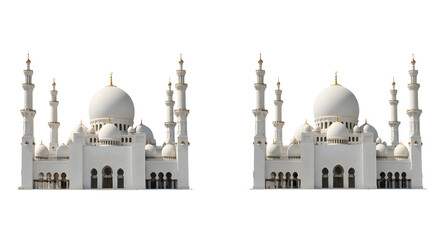 Obraz premium White mosque domes with minarets isolated on white background, Islamic architecture, religious building, perfect for travel and cultural content