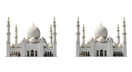 White mosque domes with minarets isolated on white background, Islamic architecture, religious building, perfect for travel and cultural content