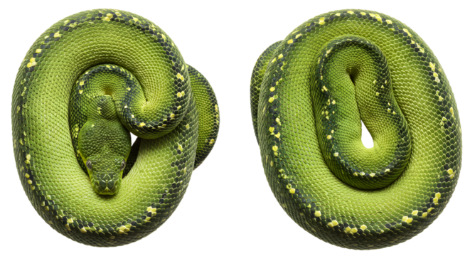 Two green snakes curled tightly in circular shapes on white background, isolated reptiles with yellow markings, perfect for wildlife and nature projects - Powered by Adobe