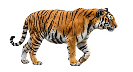 Profile view of a majestic adult tiger walking isolated on white background, perfect for wildlife and nature projects
