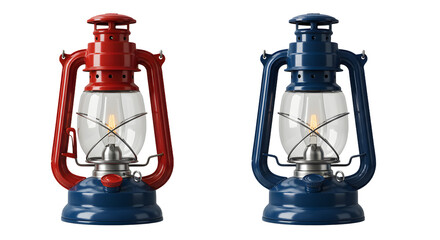 Red and blue vintage kerosene lanterns isolated on white background, classic camping gear, perfect for outdoor adventures