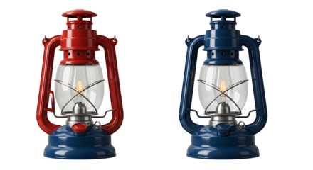 Red and blue vintage kerosene lanterns isolated on white background, classic camping gear, perfect for outdoor adventures