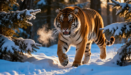 Majestic Siberian Tiger Prowling in Snowy Winter Forest