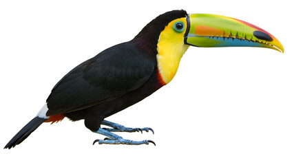 Naklejka premium Close-up of a colorful toucan with a large yellow and green beak isolated on white background, perfect for wildlife and tropical themes