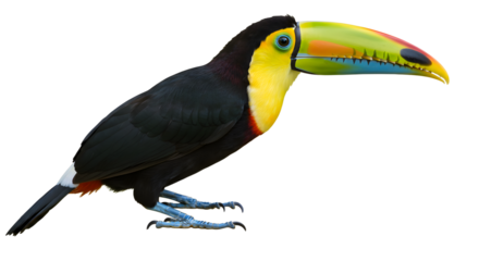 Close-up of a colorful toucan with a large yellow and green beak isolated on white background, perfect for wildlife and tropical themes
