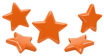 Set of five shiny orange star-shaped balloons isolated on white background, perfect for celebrations and party decorations