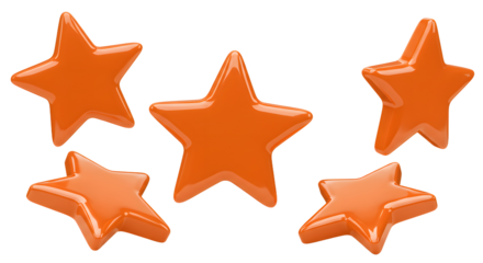 Set of five shiny orange star-shaped balloons isolated on white background, perfect for celebrations and party decorations