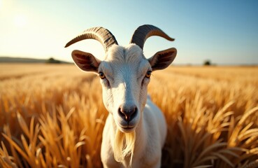 Fototapeta premium A goat standing in a golden wheat field under a clear blue sky