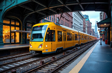 Obraz premium A yellow tram travels along city tracks under a bridge in an urban setting during daytime