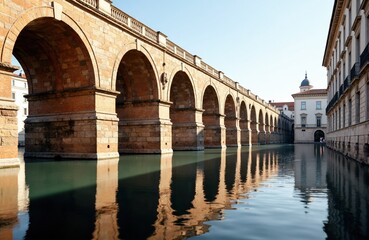 Naklejka premium Ancient stone bridge spanning over calm water in a historic city setting