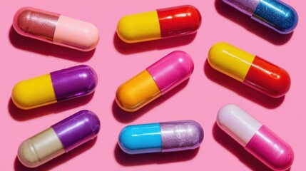 Multicolored capsules lay scattered on a lively pink background creating a fun visual effect.
