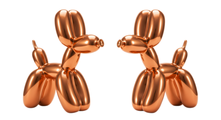 Two shiny copper balloon dogs isolated on white background, creative inflated animal sculptures perfect for party decoration and playful designs