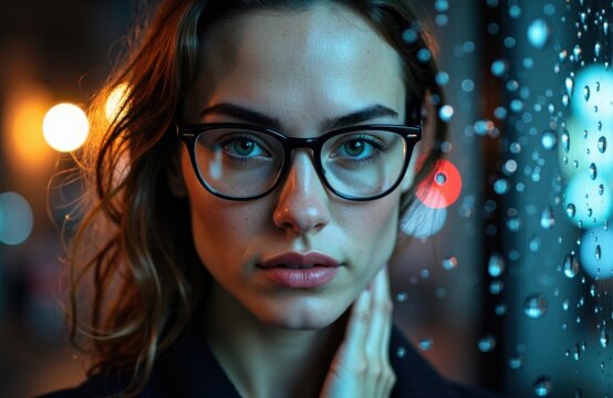 Close-up of a woman with glasses looking at the camera in a city at night with bokeh lights and rain droplets on a window