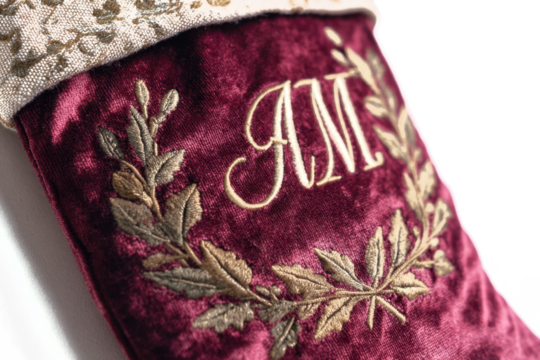 Elegant burgundy velvet Christmas stocking featuring embroidered initials and laurel wreath perfect for holiday decor and personalized gifts