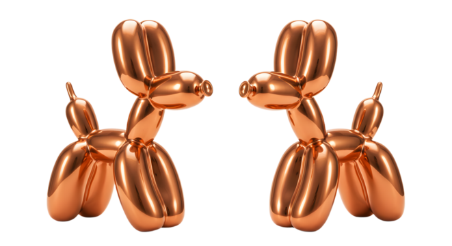 Two shiny copper balloon dogs isolated on white background, creative inflated animal sculptures perfect for party decoration and playful designs