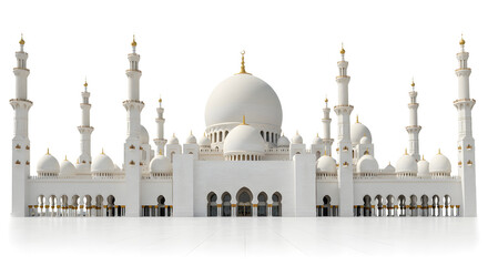 White mosque with multiple domes and minarets on a white background, suitable for religious and architectural themes