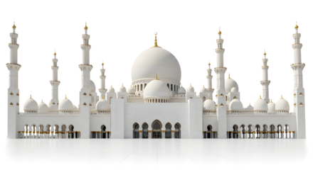 White mosque with multiple domes and minarets on a white background, suitable for religious and architectural themes